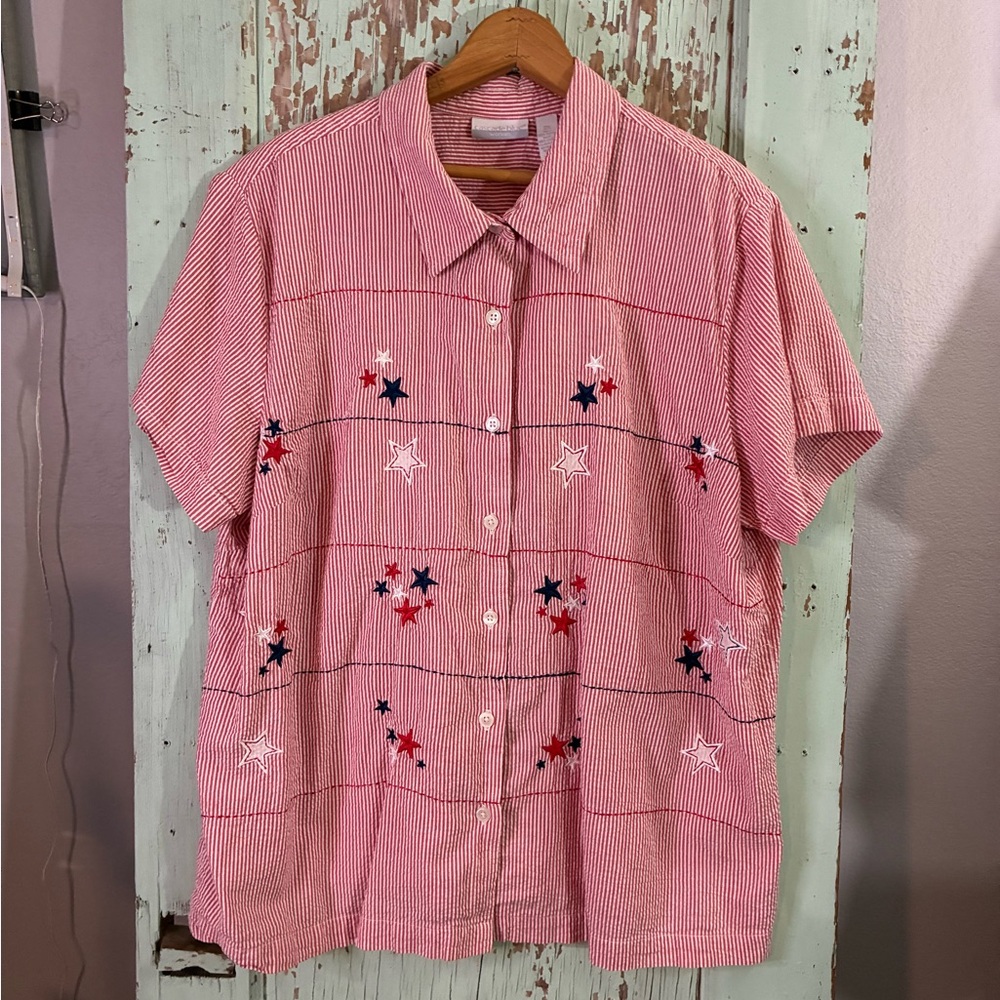 Women’s Cascade Blue red & white striped button-up with embroidered stars